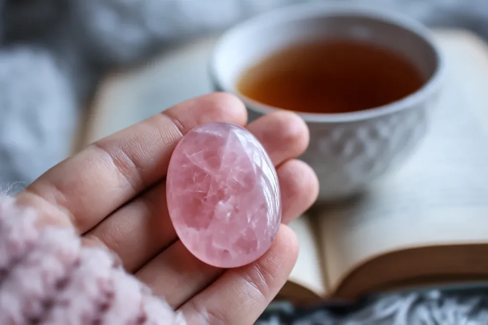 Women holding rose quartz worry stone while journaling